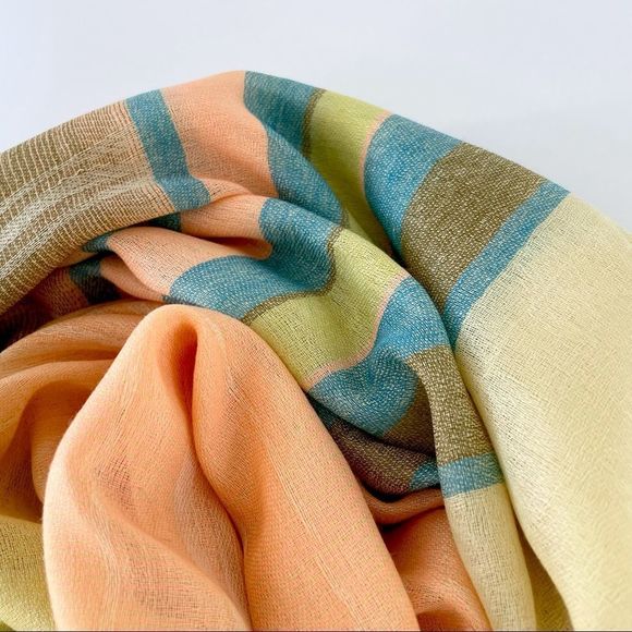 Long Striped Gauze Scarf. NWT. Deep Pastels. LOF New York. Fray Fringe Trim - Picture 5 of 8